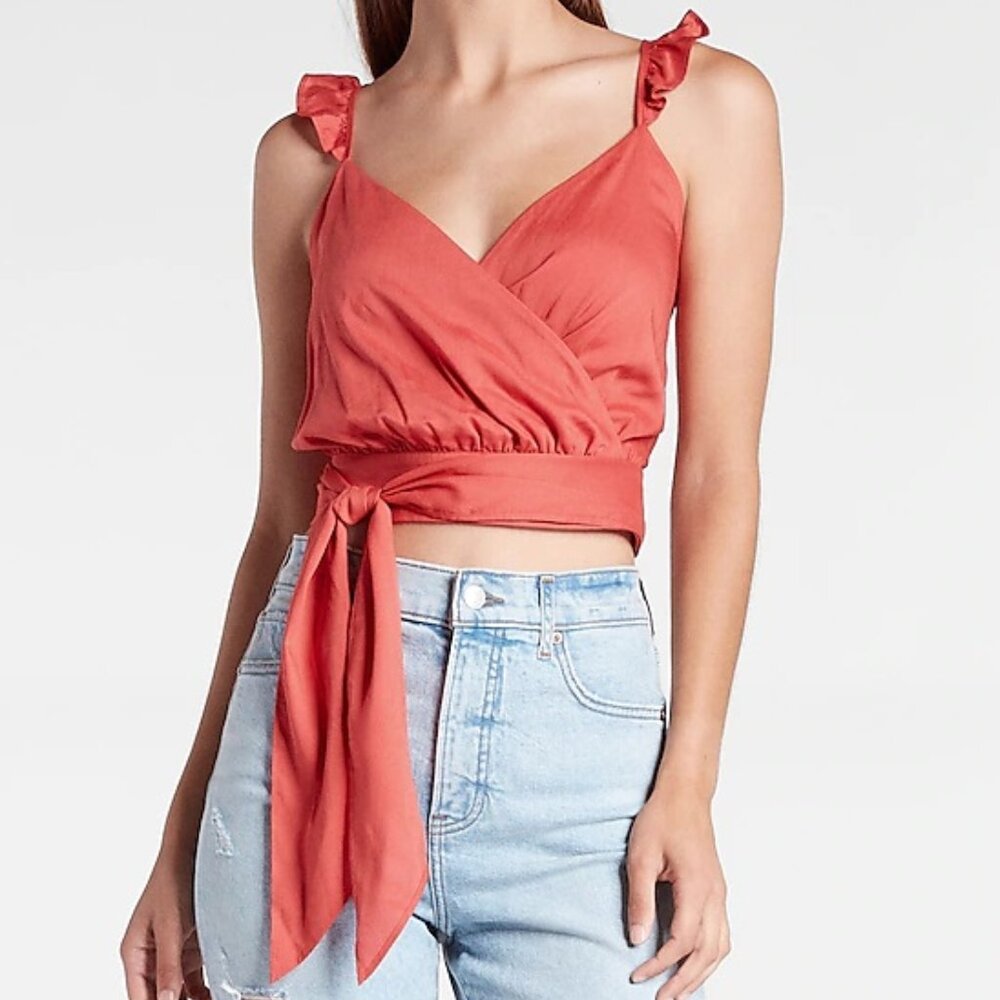 Express Baked Apple Wrap Front Ruffle Strap Tie Front Cami SZ L